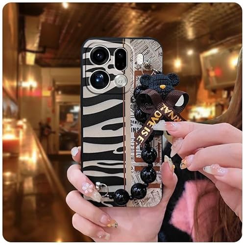 Phone Case Compatible with OPPO Find X9 Pro, Cartoon Dirt-resistant Skin-friendly feel cute Bear bracelet Back Cover Black pearl
