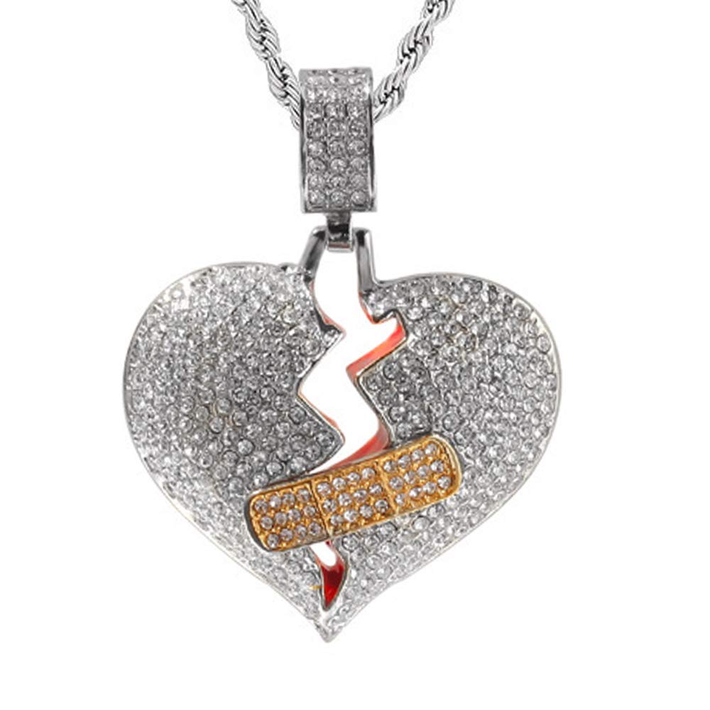 putouzipMen Broken Heart Chains 18k Gold Plated Fully Iced Out Pendant Link Chain Necklace