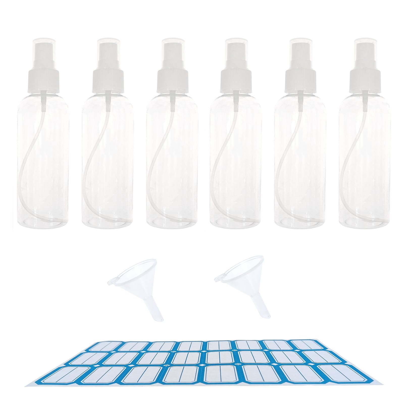 6PCS Spray Bottle, 200ml Plastic Refillable Spray Bottle Clear Empty Fine Mist Atomiser Travel Bottle with Funnel and Labels for Cleaning Make-up Cosmetic Hair
