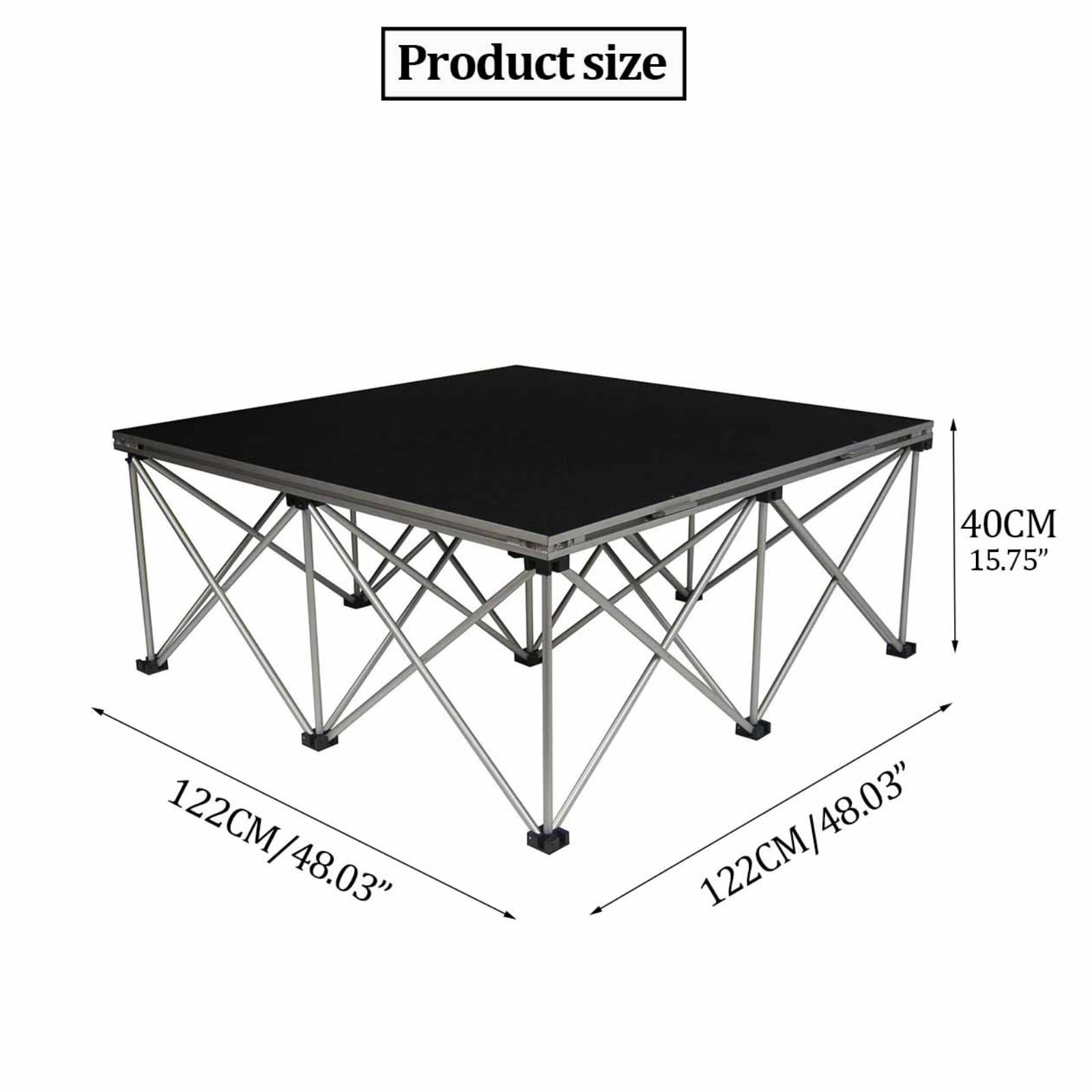 Plataforma modular portátil de 1,2 m x 1,2 m, de aluminio ligero y plegable, ideal para escenarios de entretenimiento compactos y bodas.