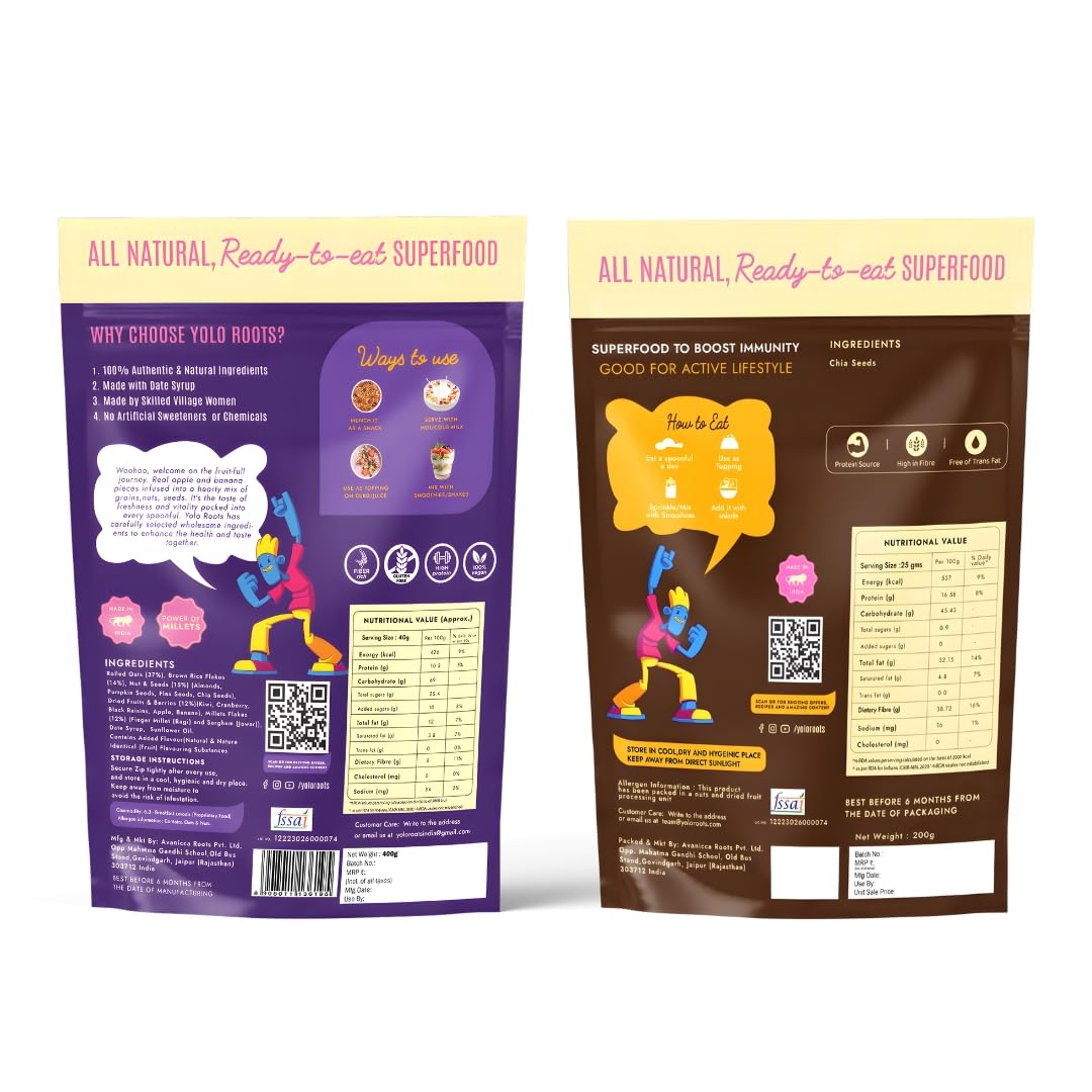 Yolo Roots Fruits & Nuts Muesli 400g & Raw Chia Seeds 200g Combo, No Added Sugar, High Fiber Breakfast Cereal & Omega 3 Rich Superfood Seeds, Healthy Snack with Oats (Pack of 2)