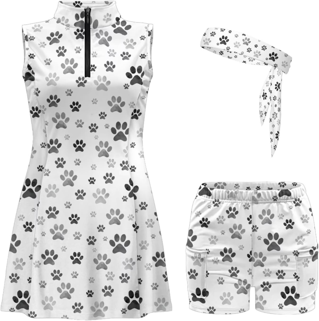Tennis Golf Dress for Women Quarter Zipper Athletic Dresses with Shorts Headscarf 3 Piece Workout Tennis Outfit