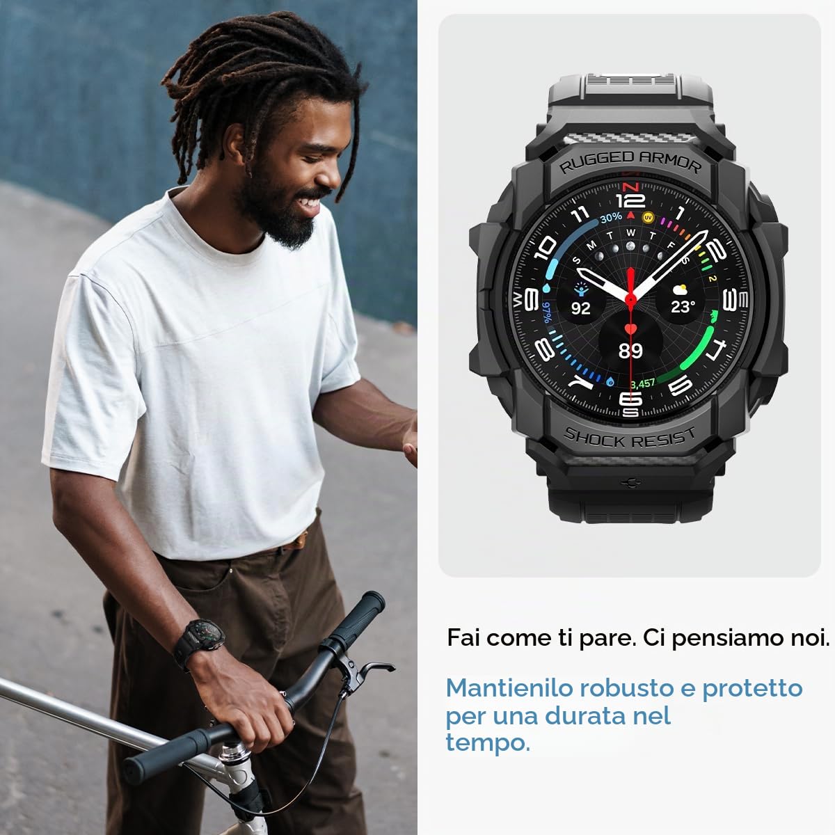 Spigen Cover Rugged Armor Pro con cinturino per Galaxy Watch Ultra 47mm | Custodia unibody in TPU con cinturino, dettagli in fibra di carbonio, bordi rialzati, Modelli 2025/24 - Nero opaco