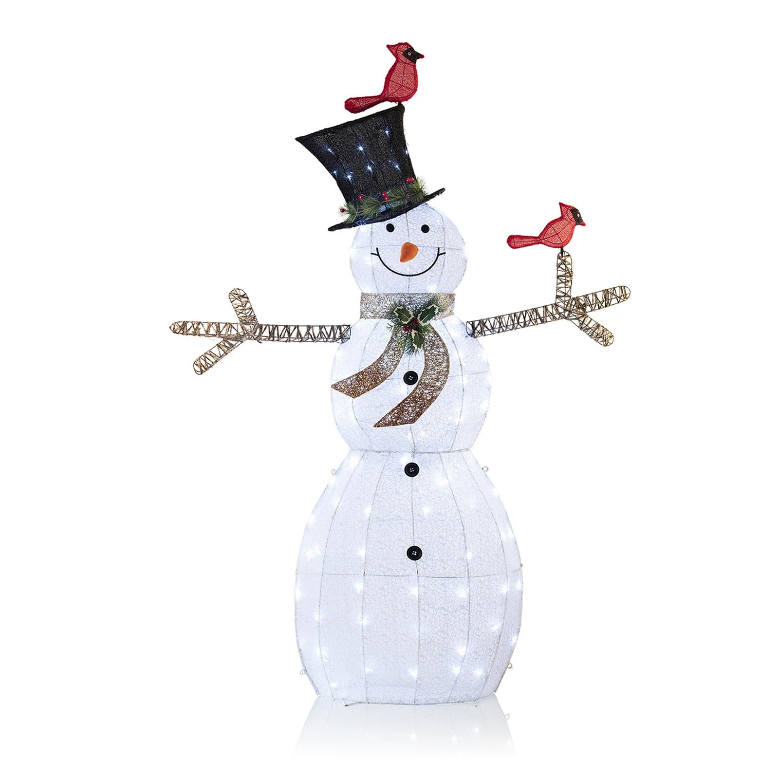 Alpine Corporation CHT892 Mesh Snowman Décor with Red Birds and Cool White LED Lights, Small