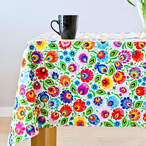 Nappe rectangulaire lavable en machine coton blanc au design folklorique polonais