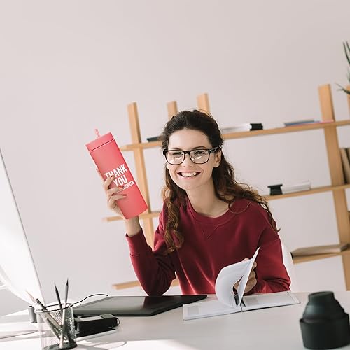 Miniatura 5 de Rtteri 10 vasos delgados de plástico de 16 onzas con tapa y popote para el trabajo de Acción de Gracias, compañeros de trabajo, profesores