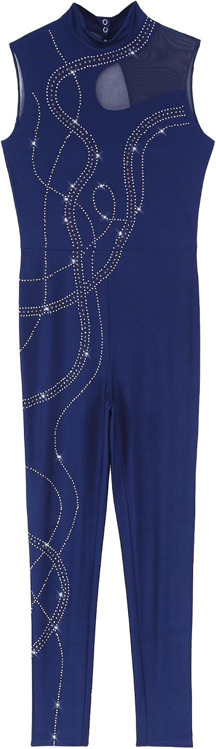 Women Shiny Rhinestone Gymnastics Unitard Keyhole Back Bodysuit One Piece Long Sleeve Dancewear
