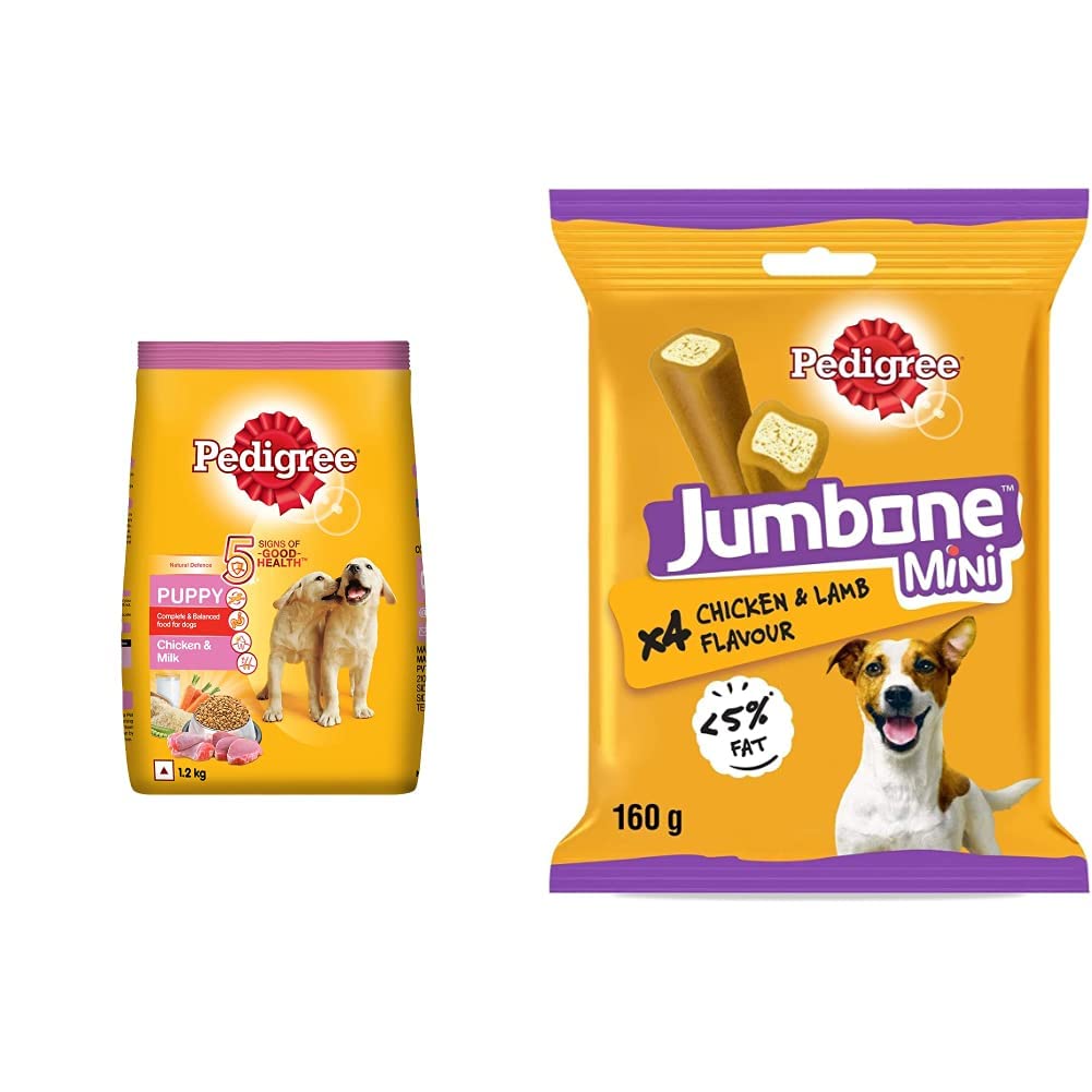 Pedigree Puppy Dry Dog Food- Chicken & Milk, 1.2kg Pack & Pedigree Jumbone Mini Adult Dog Treat, Chicken & Lamb - 160 g Pack (4 Treats) (B0B8ZH4JN7) Amazon Price History, Amazon Price Tracker