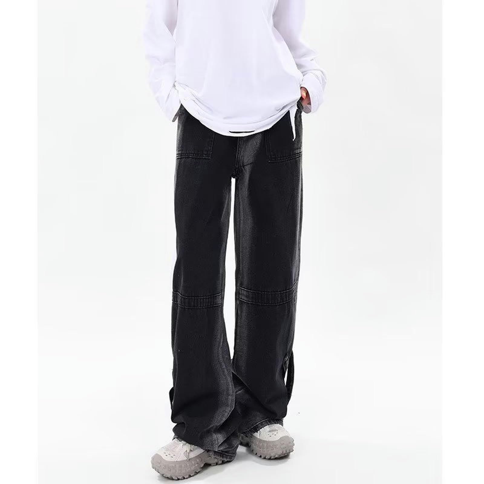 Jeans Neri Pantaloni Larghi Dritti da Uomo Pantaloni Casual da Donna-Nero-XXL