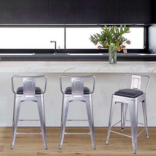 Vista 318 de GIA Taburete de metal con respaldo bajo de altura de mostrador de 24 pulgadas con asiento de cuero vegano, color plateado