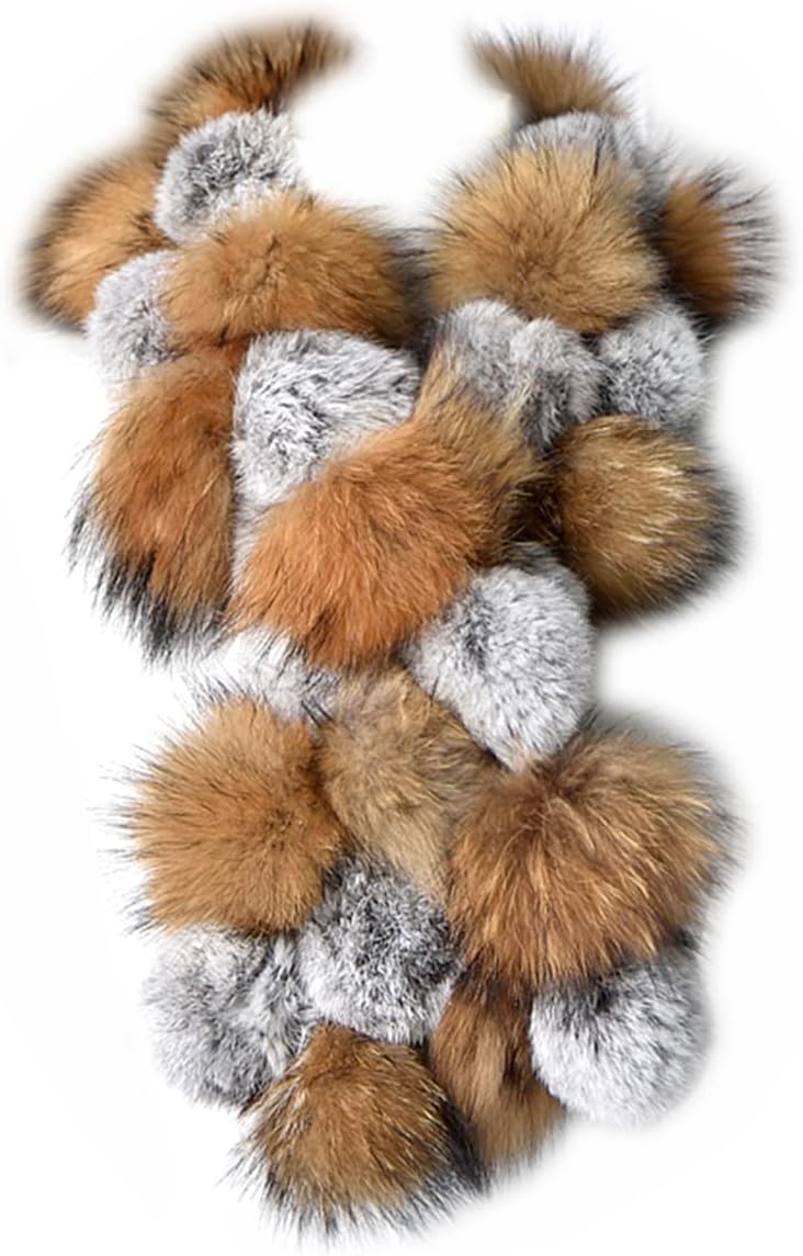 Real Rabbit Hair Scarf with Raccoon Hair for Women Pompom Winter Neck Warmer Outdoor Party