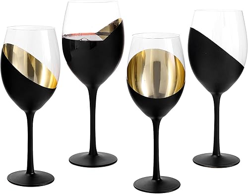 Miniatura 8 de MyGift Copas de vino modernas inclinadas de 14 onzas con tallo negro mate y dorado, diseño elegante en ángulo con copas de cristal de acento
