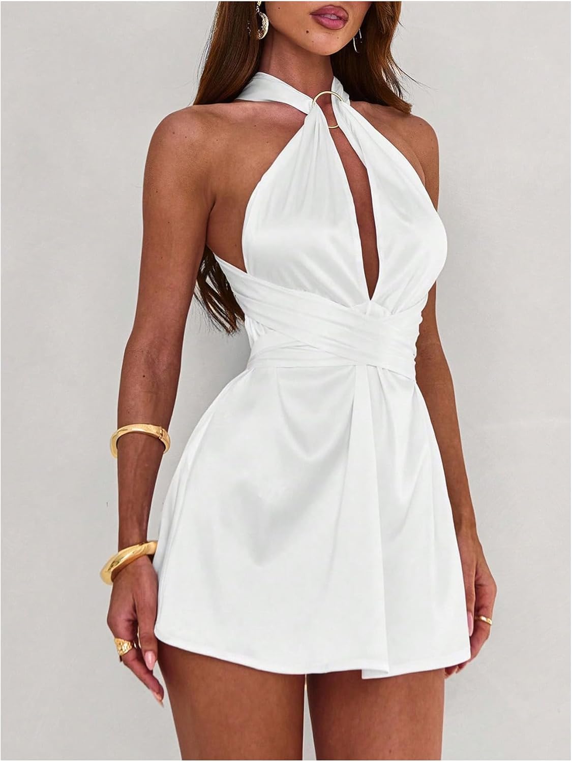 SweatyRocks Women's Sexy Criss Cross Deep V Neck Backless Halter Mini Dress Sleeveless A Line Short Dresses