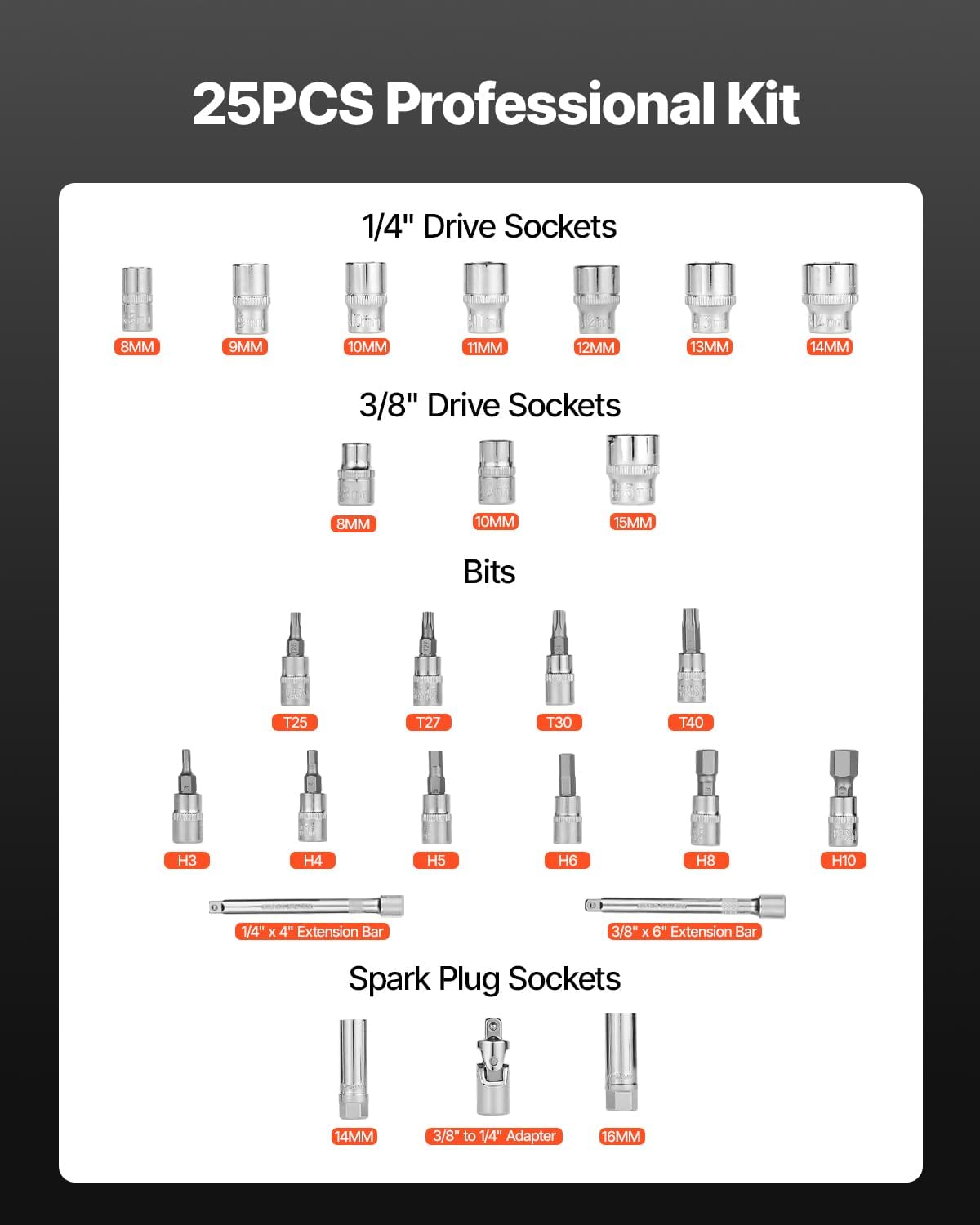 VEVOR 26Pcs Torque Wrench Set, 3/8 Inch Drive, 3.7-44.3FT.LB(5-60Nm), 72-Tooth Click Torque Wrench with Hex/Torx/Spark Plug Sockets, Extension Bars, 1/4 Adapter, for Bicycle Motorcycle Maintenance