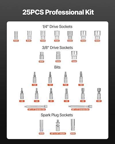Miniatura 53 de VEVOR Llave dinamométrica de clic de 1/2 pulgada 25-250ft.lb/34-340n.m, juego de llaves dinamométricas ajustables de doble dirección, juego