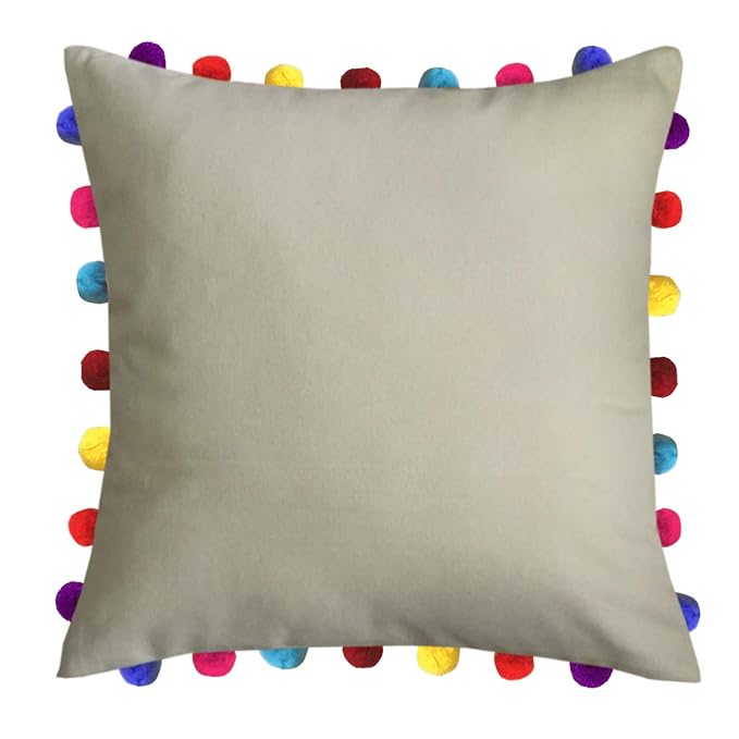 Lushomes Cushion Cover 20x20, Boho Cushion Covers, Sofa Pillow Cover, Cushion Covers with Tassels, Cushion Cover with pom pom (20x20 Inches, Set of 1, Beige)