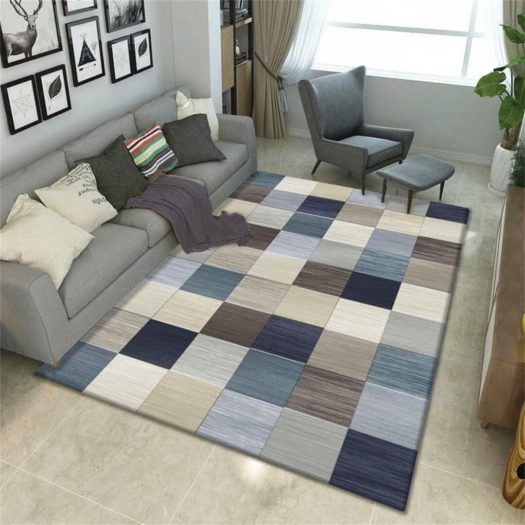 Tapis salon bleu 200x280cm à motif damier moderne pour chambre d'ado
