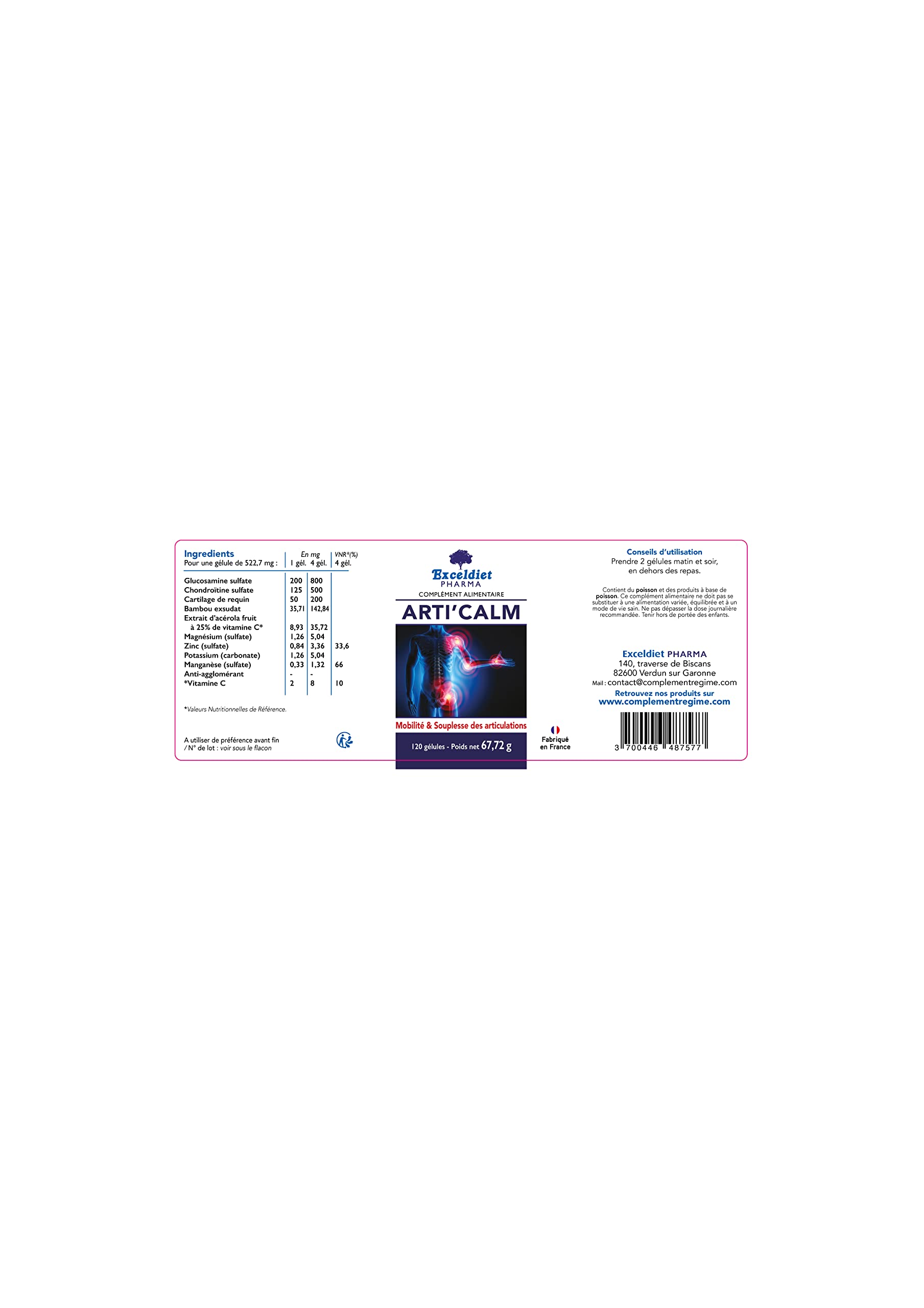 Glucosamine Sulfate - Collagène Marin - Douleur Articulaire Musculaire - Chondroïtine - Protection des Cartilages - Articalm 120