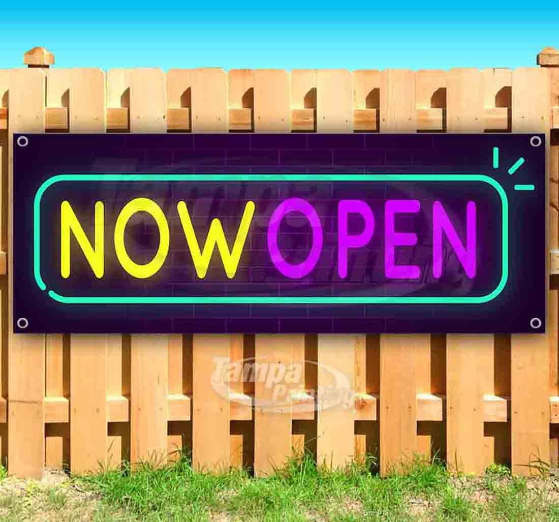 Neon Now Open Banner 13 oz | Non-Fabric | Heavy-Duty Vinyl Single-Sided with Metal Grommets