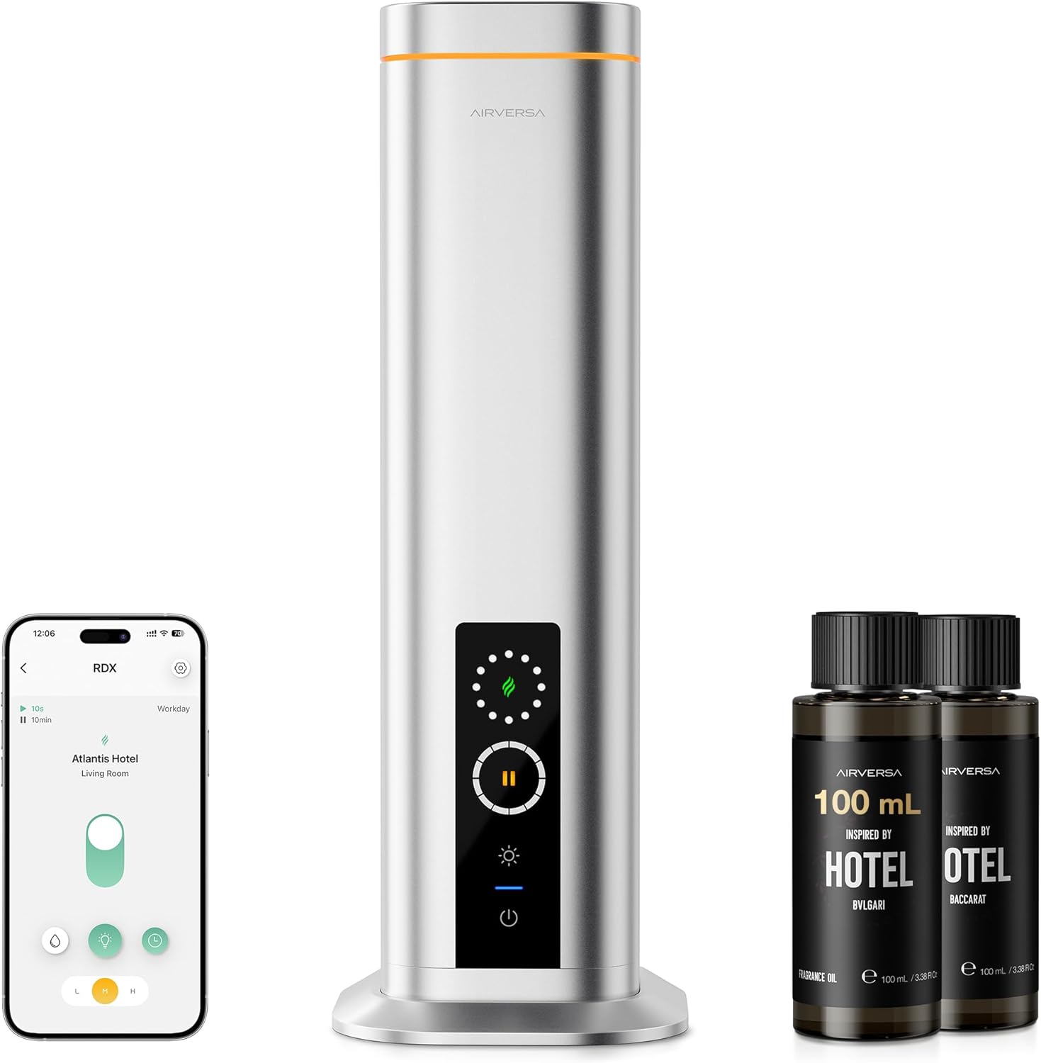 Airversa Waterless Diffuser, Smart Tower Diffuser with App Control, Cold Air Scent Diffuser Oil Machine for Homes Offices Hotels, 300mL Capacity, Up to1500 sq ft, DC-12V/1A Plug, RDX Silver Kit