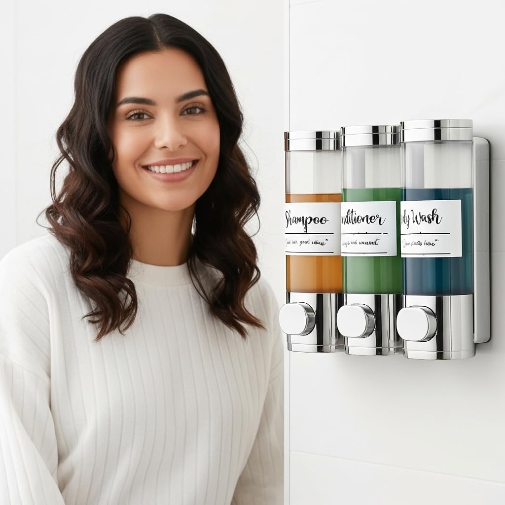 Soap Dispenser - 3 Chamber - 3x300ml - No Drill Wall Mount Bottles Organizer Toiletries for Cream Lotion Liquid Soaps Shampoo Conditioner Storage - Modern Essentials Bathroom Set - Chrome 1