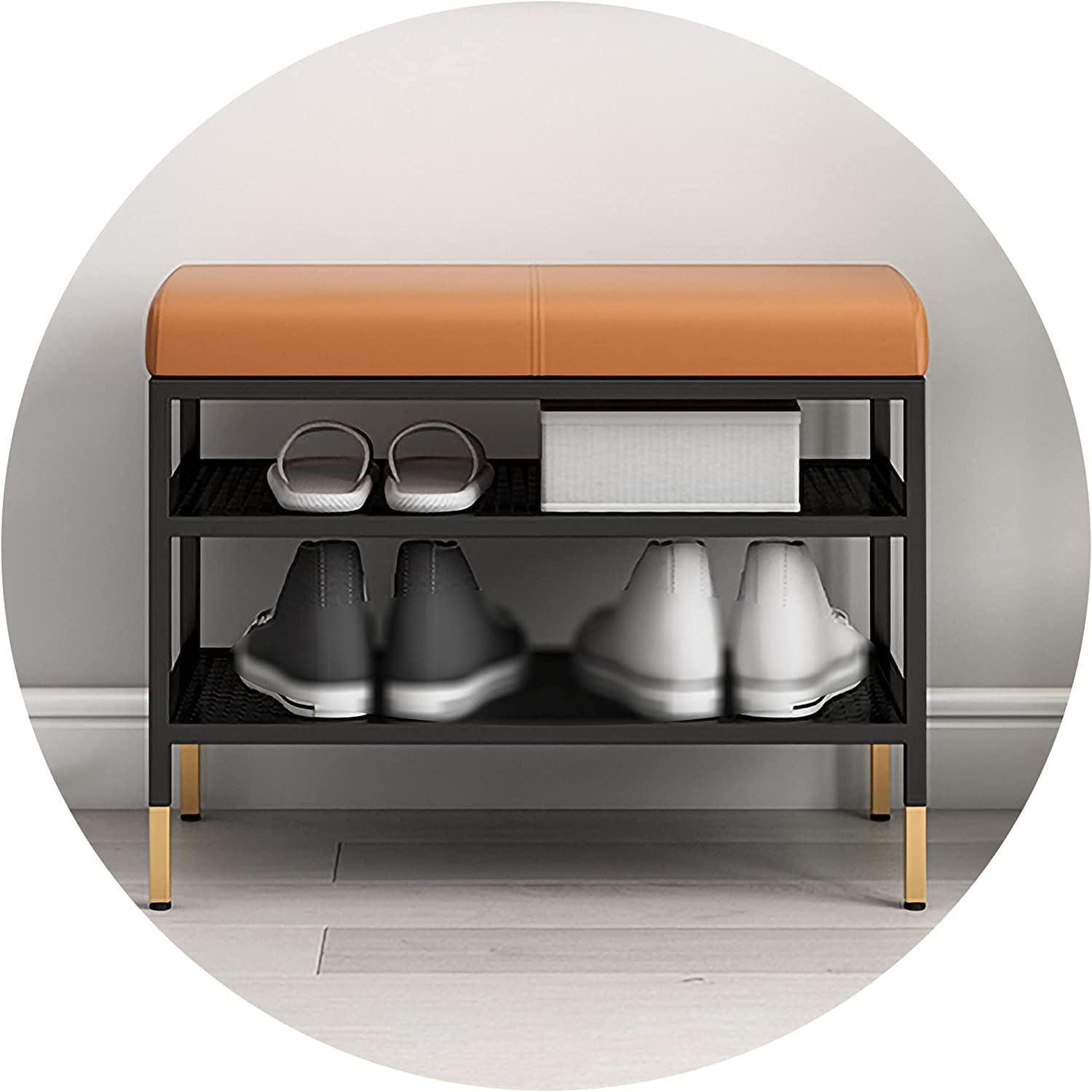 Banc à chaussures en métal avec coussin cuir pour entrée et lit