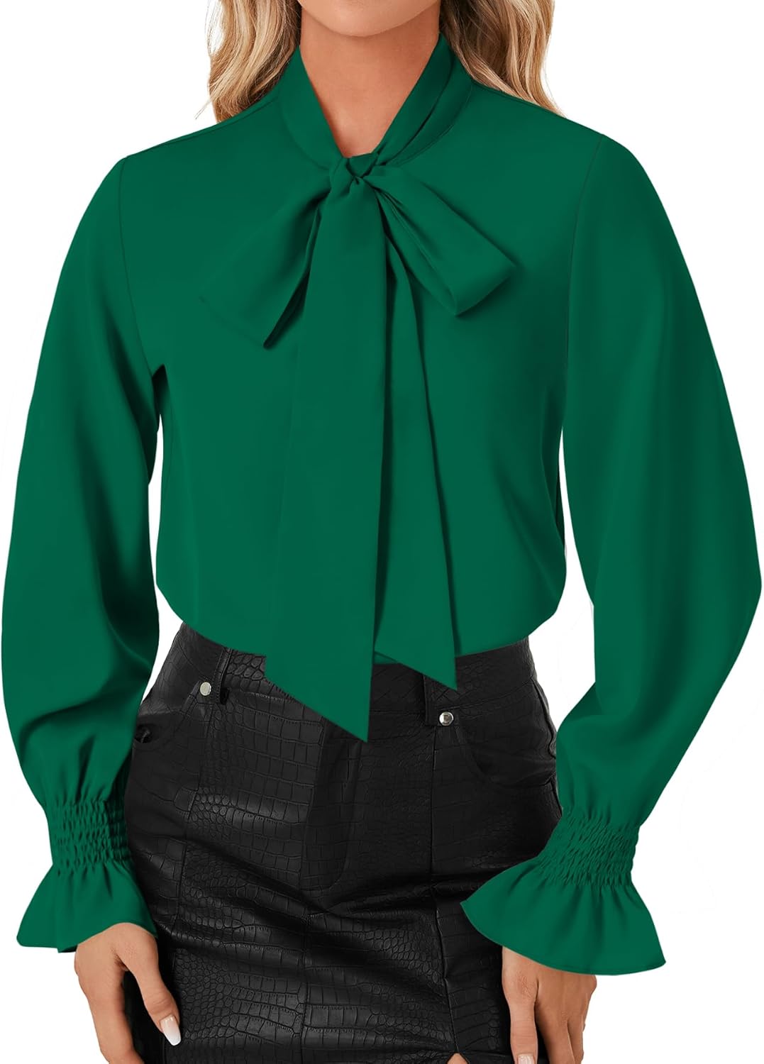 LYANER Women's Bow Tie Front Smocked Long Sleeve Blouse Elegant Office Shirt Top