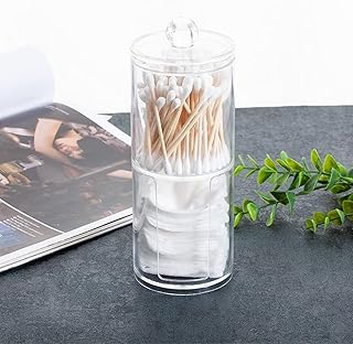 حامل اعواد قطنية اكريليك شفاف 2 في 1 مع غطاء منظم، حاوية تخزين مستحضرات التجميل لموزع المكياج والحمام والمنضدة من فاشون هوم