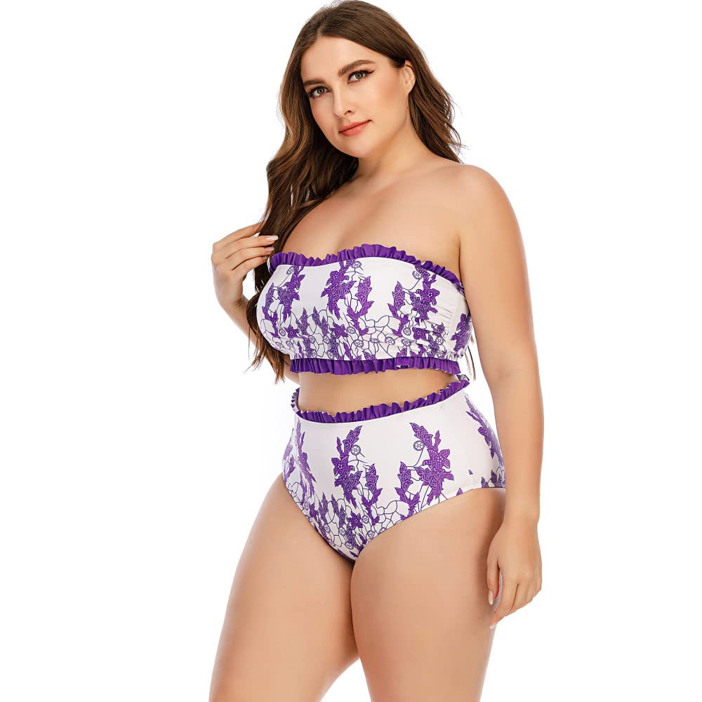 SAEEKOTwo Piece Bathing Suit for Women, Plus Size Swimdress, Violet Flower Print High Waist Bikini Swim Dress