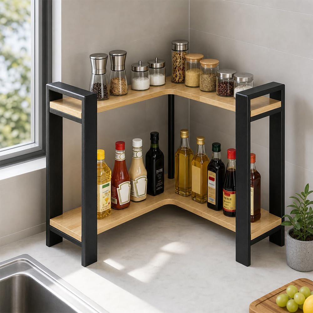 Estantería esquinera de cocina, encimera de 2 niveles, en forma de L, organizador para especias y utensilios de cocina, ahorra espacio y estable, 30 x 33 x 30 cm