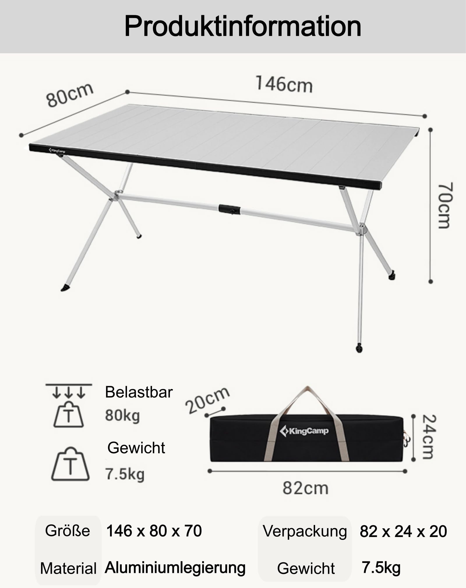 KingCamp Aluminium Campingtisch Klapptisch Couchtisch Gartentisch Tisch Leicht für 4-6 Personen