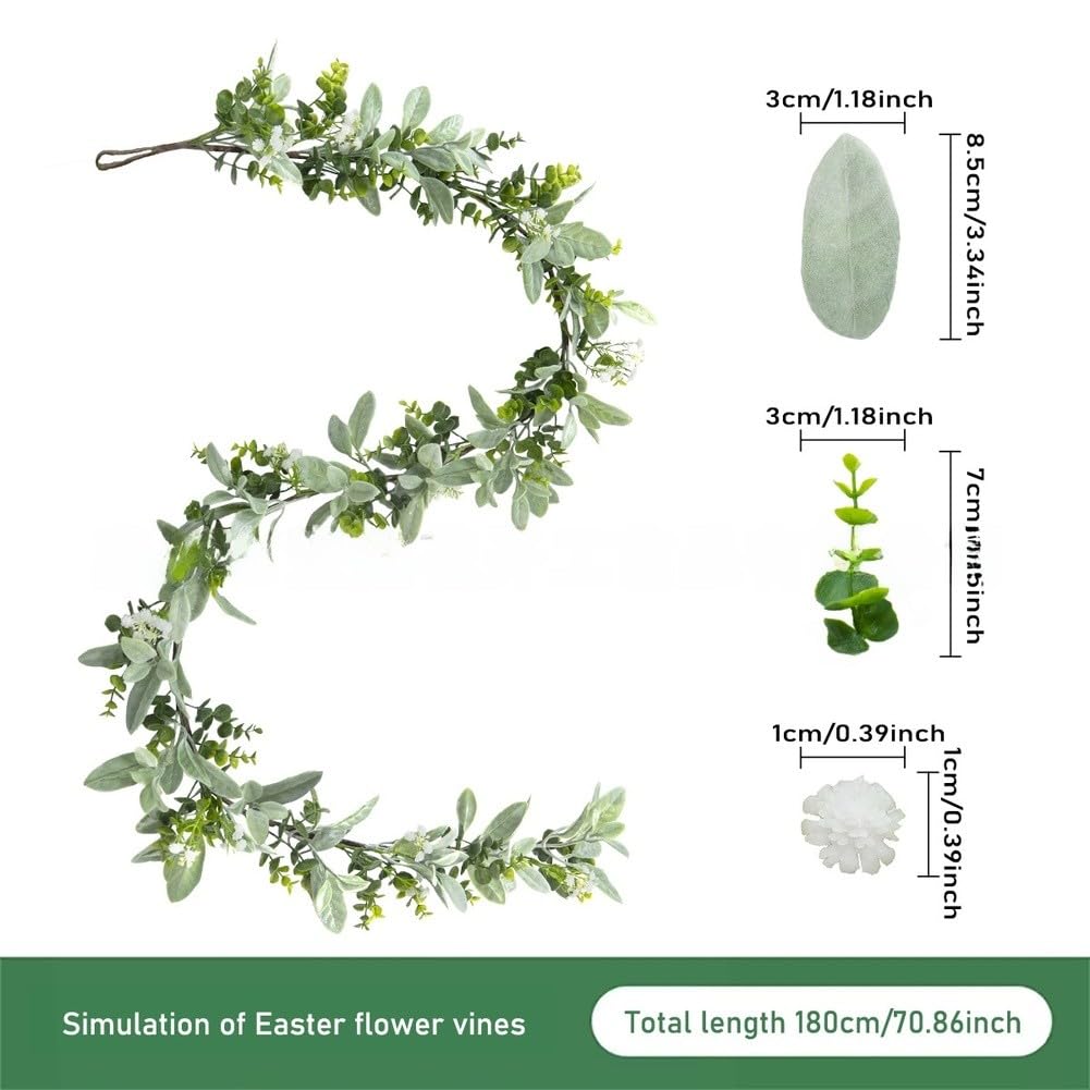 EasyByMall Ghirlanda artificiale di eucalipto con orecchie di coniglio, 180 cm, realistica, ghirlanda di fiori finti per decorazioni pasquali e feste di nozze