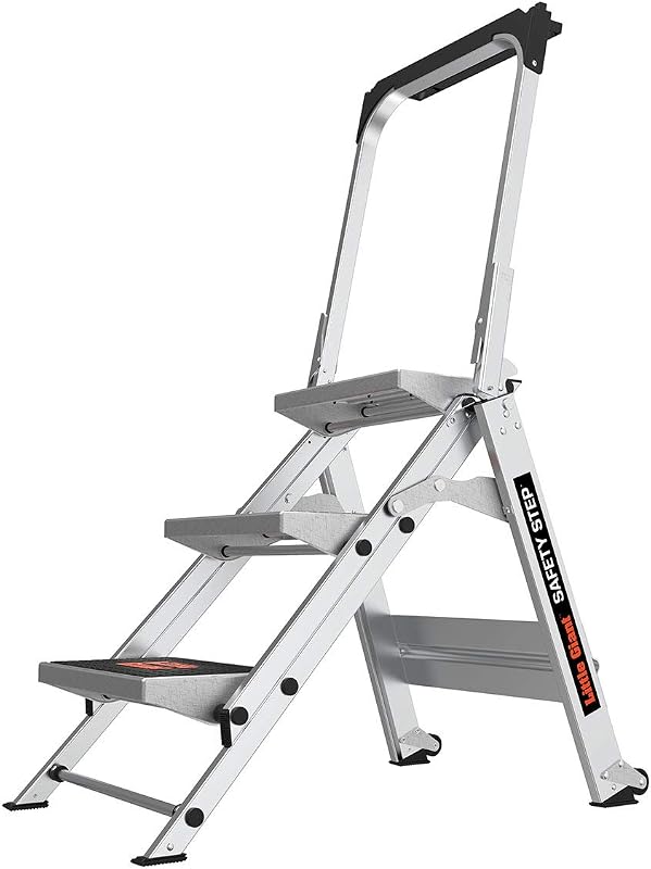 Taburete con escalón de seguridad, plegable de 3 escalones, 10310BA | Aluminio, barra de seguridad plegable, peldaños de goma antideslizantes, servicio extra pesado, tipo IA 300 lbs. Capacidad de peso
