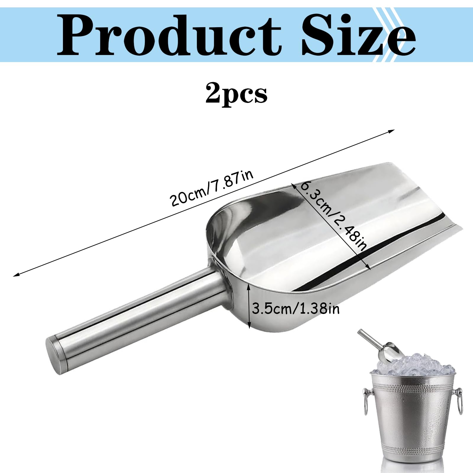 2 paletta per farina, in acciaio inox, per addensare, per cubetti di ghiaccio, non magnetica, per cucina, bar, matrimoni, buffet, lavabile in lavastoviglie, colore: argento