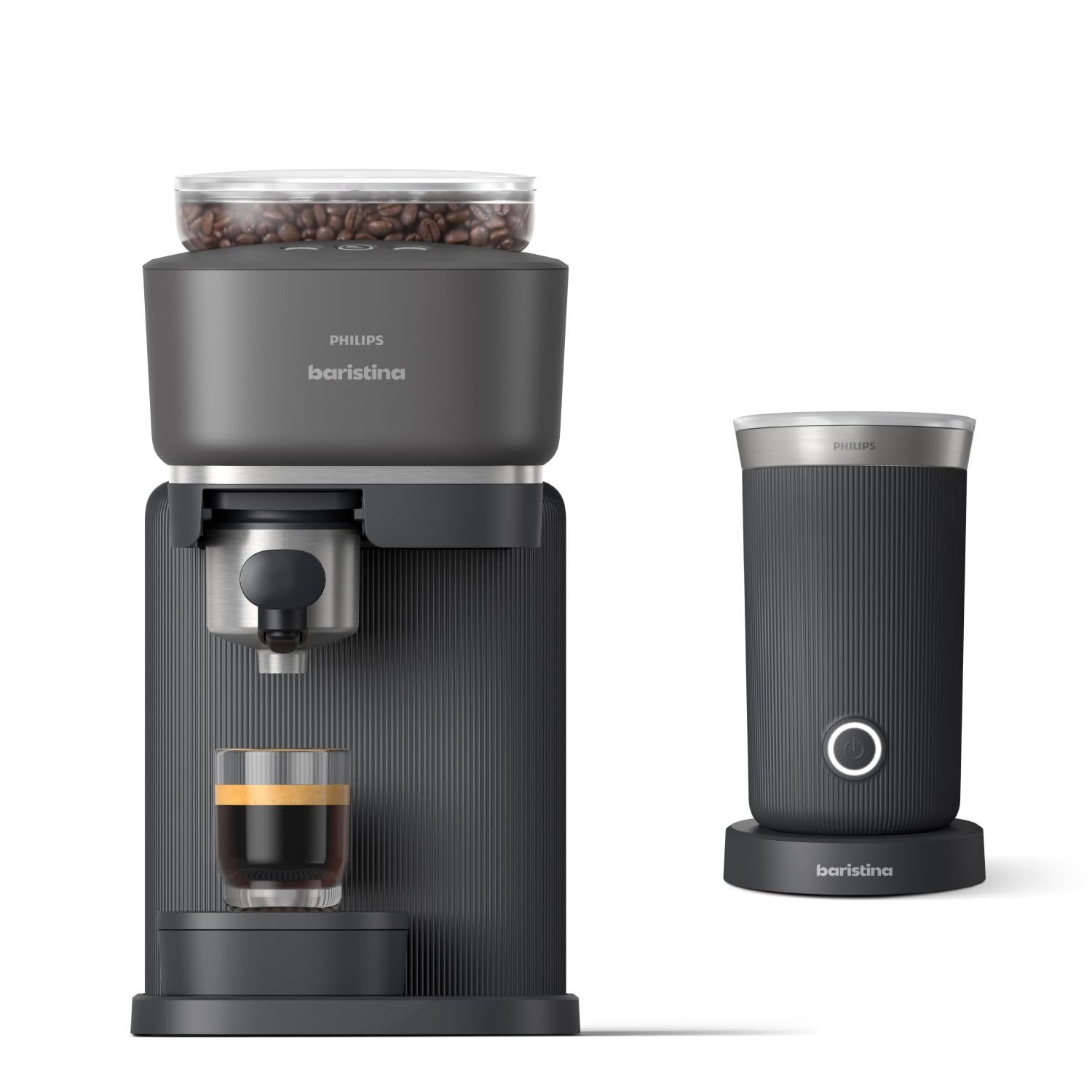 PHILIPS Baristina - Macchina per caffè espresso – Real Espresso Made simple, (nero grigio – portafiltro nero e montalatte)