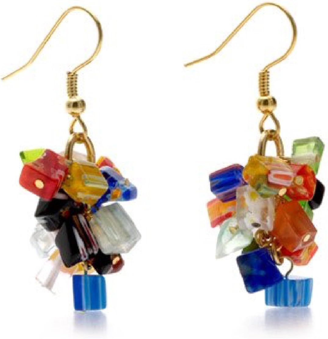 Gold Finish Red Blue Green Murano Glass Millefiori Drop Dangle Earrings 1.7" L 'Mystique Of Venice'