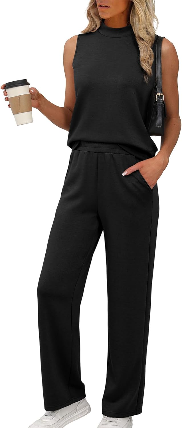 XIEERDUO Two Piece Sets for Women Summer Outfits Travel Mock Neck Lounge Sets Wide Leg Pants Beach Vacation Clothes