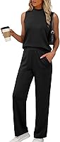 XIEERDUO Women's Two Piece Mock Neck Lounge Set with Wide Leg Pants - Summer Travel Beach Outfits