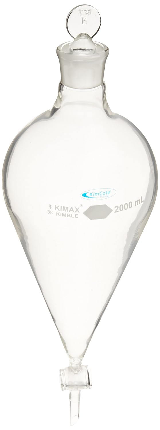 Kontes KC29048T-2000 Pear-Shaped Squibb Plastic Safety Coated Separatory Funnel with Totally Autoclavable PTFE Stopcock Plug, 2000mL Capacity