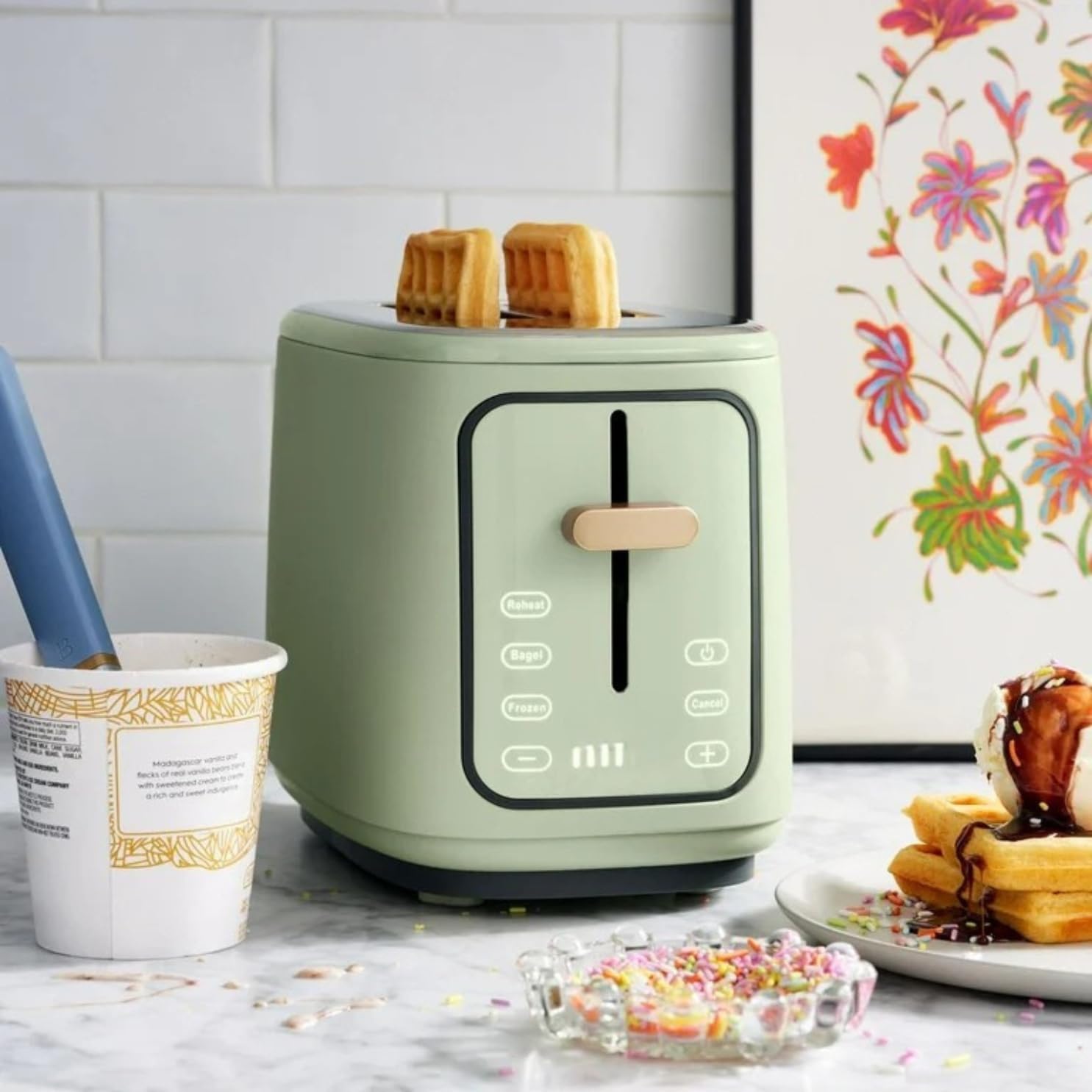 2 Slice Toaster, Touch-Activated Display, Extra Wide Slots, Bagel Function, Stainless Steel Kitchen (Sage Green)