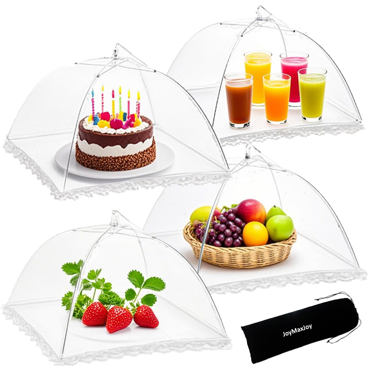 4PCS Mesh Food Covers, 17 Inch Pop Up Food Umbrella Tent Covers with Carry Bag, Fruit Cake Net Domes for Outdoors, Screen Tents, Parties Picnics, BBQs, Reusable and Collapsible