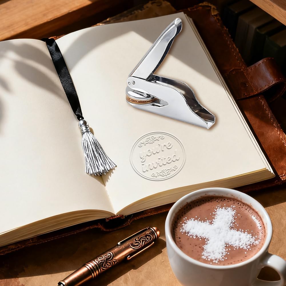 ANATTASOUL Letter Book Embosser Personalized You're Invited Pattern Book Stamp, Durable Library Stamp with Handle Set for Books, Library, Envelopes, Documents, Invitation（100Pcs Stickers