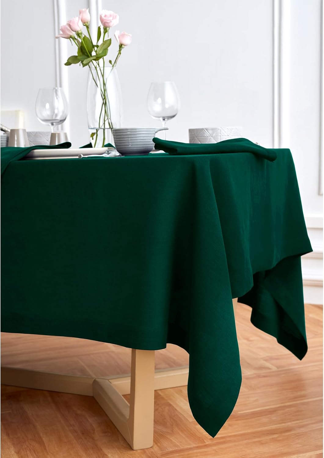 Solino Home Dark Green Linen Tablecloth 70 x 144 Inch - 100% Pure Linen Table Cloth for Rectangle Tables - Sonoma, Machine Washable Tablecloth