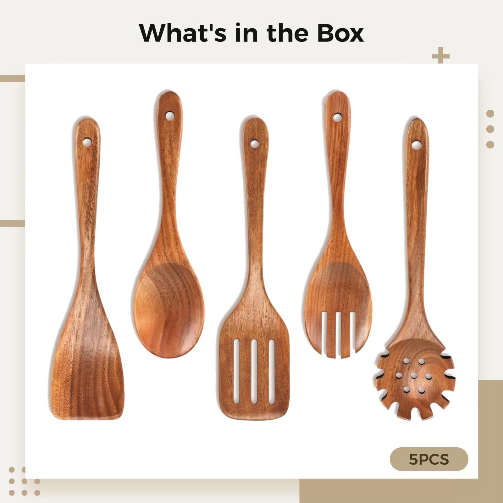 Holz Kochutensilien Set, 5-teilig, Teakholz, lange Griffe, antihaftbeschichtet, für die Küche