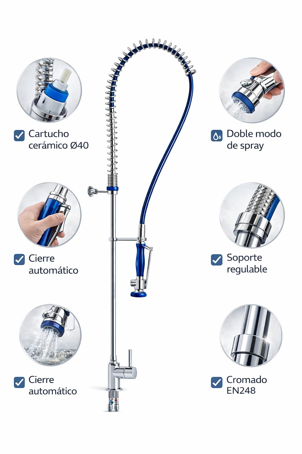 Genebre - Grifo Columna Prelavado Profesional 1705 04 | Grifo Industrial Monomando con Ducha Extraíble | Cocina Profesional y Hostelería | Columna Alta con Muelle AISI 304 y Cartucho Cerámico D40