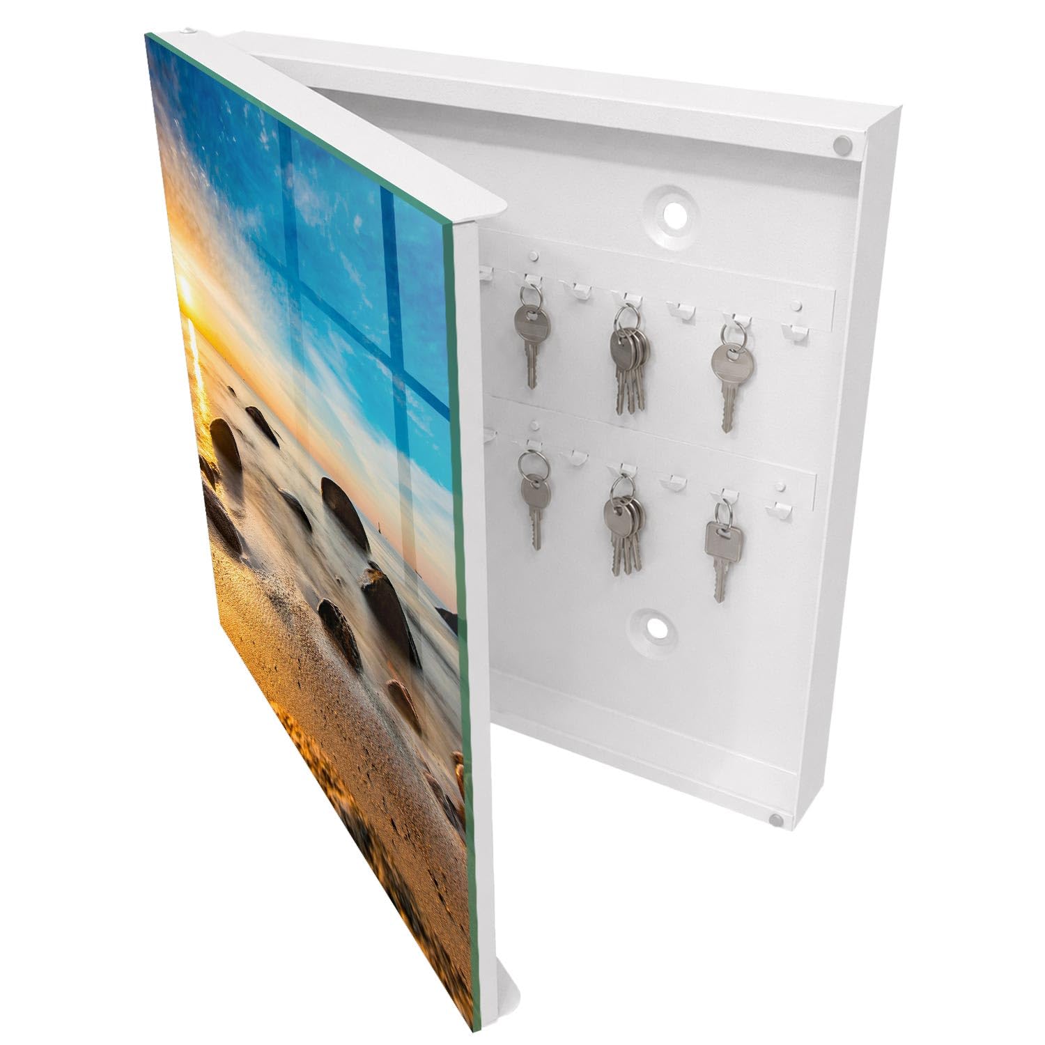 Armadietto Portachiavi 30x30 cm | Bianco | A Sinistra | Montaggio a Parete | Costa occidentale | Tasselli e Viti Inclusi | per Uffici | in Metallo | Frontale Decorativo in Vetro Temperato