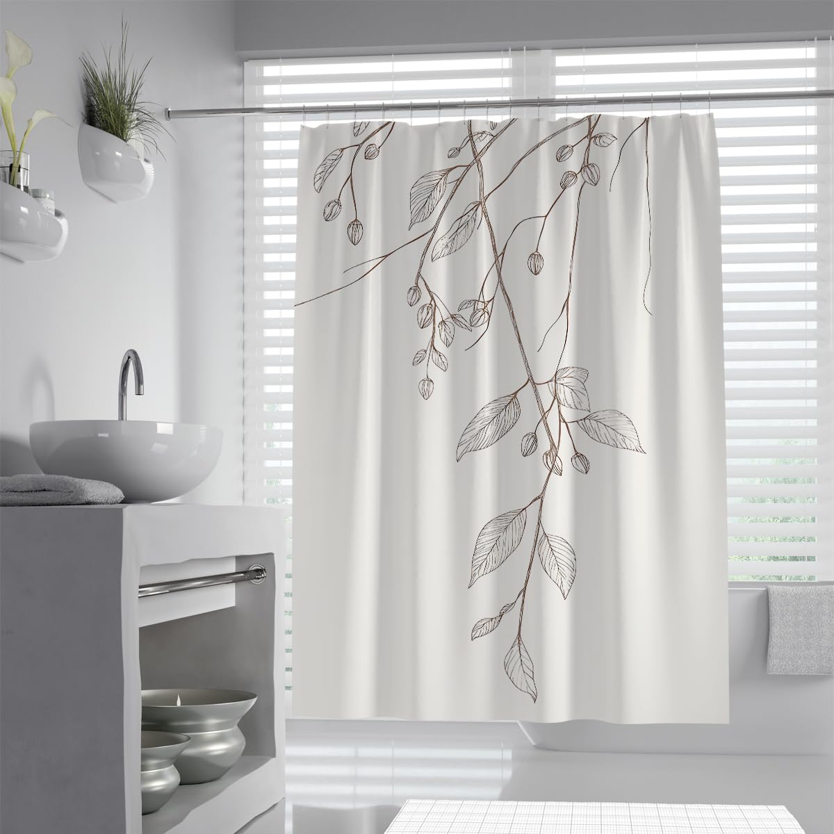 UERWOWELL Minimalist Leaves Shower Curtain Line Art Bathroom Decor Boho Botanical Shower Curtain Simple Nature Bath Curtains Waterproof Fabric W180xL220 cm