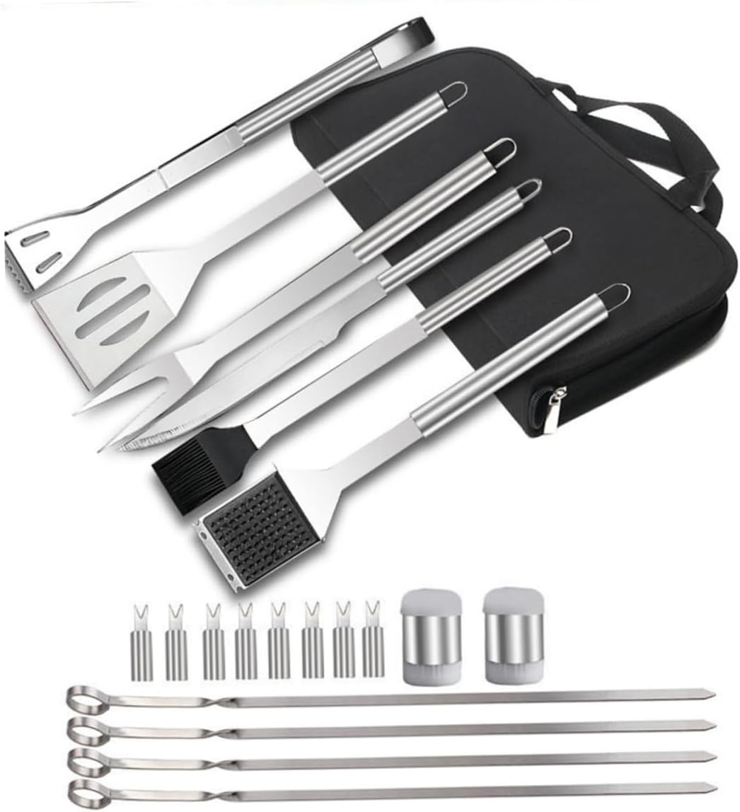 20pcs Stainless Steel BBQ Tool Set with Storage Bag for Outdoor Barbecue Enthusiasts Heavy-Duty Grill Utensils Including Fork Skewers and Salt Bottle Camping and Picnics