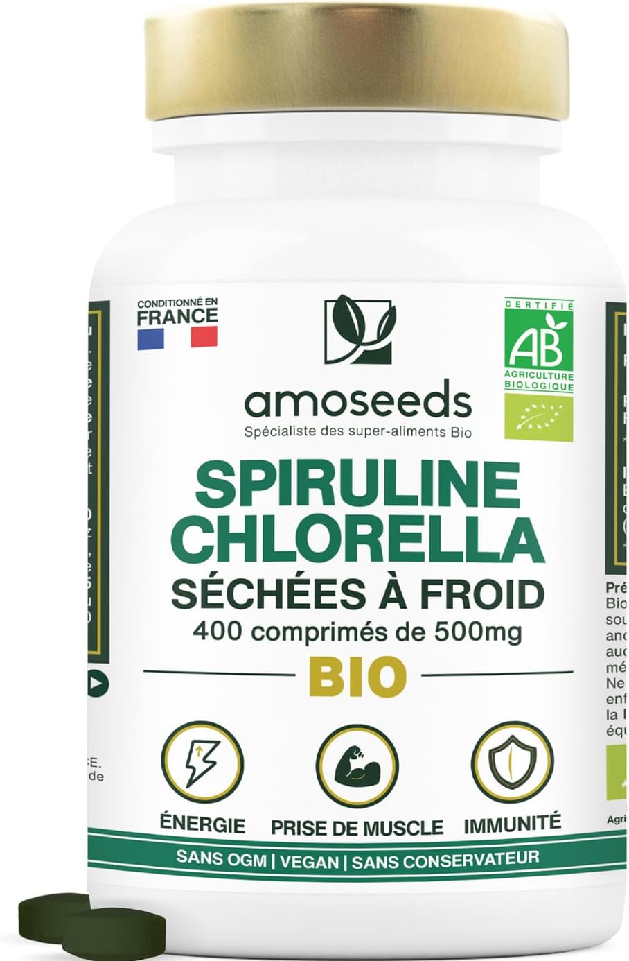 Spirulina & Chlorella BIO | 400 Vegan Tablets of 500mg | 4500mg per day | 17% Phycocyanin, Cold Dried | Detox, Anti-fatigue, Antioxidant | Top Quality