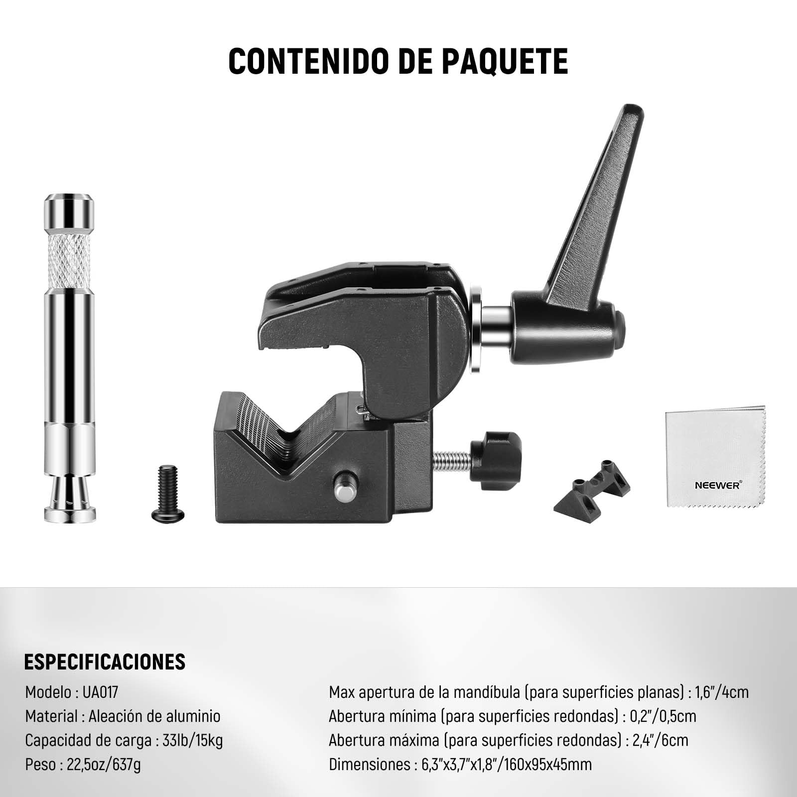 NEEWER Heavy Duty Super Clamp MAX Carga 33lb/15kg, 2,4" Jaw Grip Crab Clamp Mount para Barra Redonda Superficie Plana con 5/8" Stud/Spring Lock/Paño de Limpieza para fotografía de Estudio Luz de